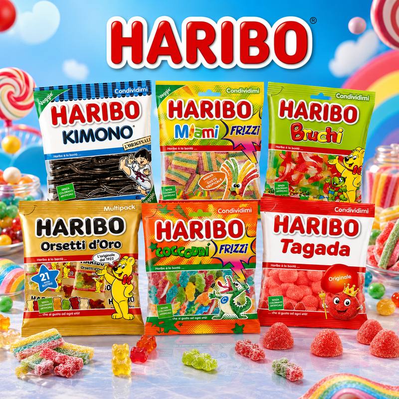 Gamma Haribo — 6 referenze tra le più vendute: Kimono, Miami Frizzi, Bruchi, Orsetti d'Oro, Coccodrì Frizzi, Tagada