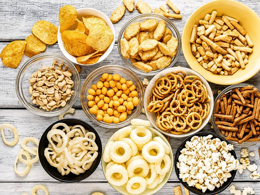 Snack salati assortiti — patatine, pretzel, popcorn